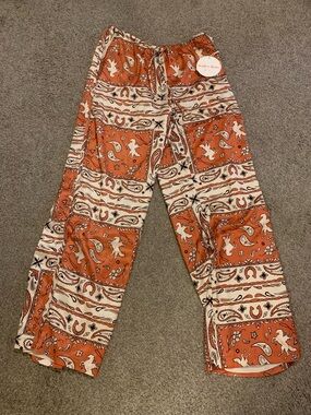 Orange Paisley Bandana Print Satin Pants